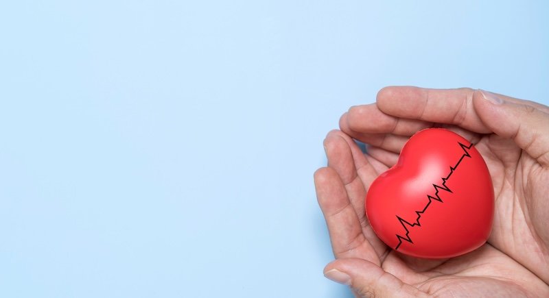 Hands holding red heart with heartbeat line on blue background represent heart health protection of medical care and healthcare insurance by cardiovascular monitoring concept.